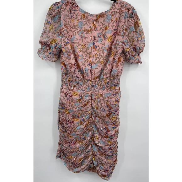 Walter Baker Floral Fitted Smocked Waist Ruffle Pink Primrose Chiffon Dress NEW - Picture 3 of 15